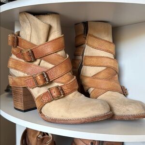 Tan Ankle Boots with Buckle Straps and Stacked Heel